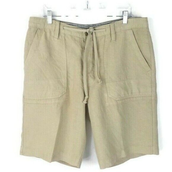 Lucky Brand Button Fly 100% Linen Shorts Mens Khaki Beige 37 x 10.5
